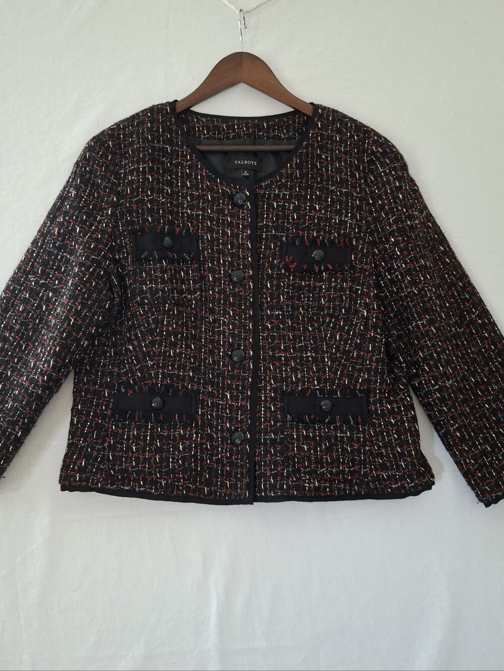 Talbots Women's Size 16 Black Multi Tweed Collarless Jacket Blazer 4-Pocket
